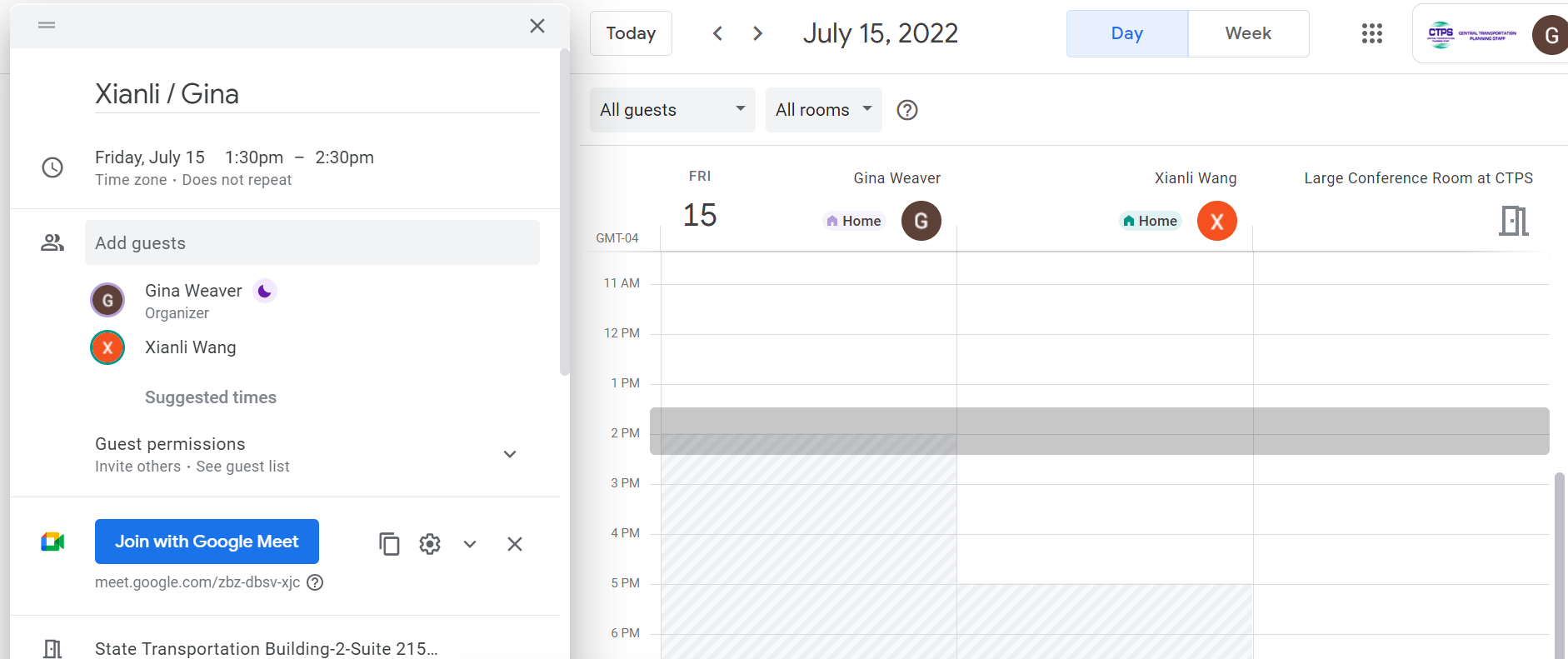 Google Calendar event view showing a meeting with two guests and room scheduling, alongside a day view of their availability.