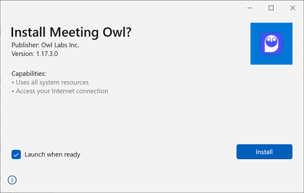 Screenshot of the Install Meeting Owl display box