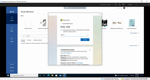 Enter code window