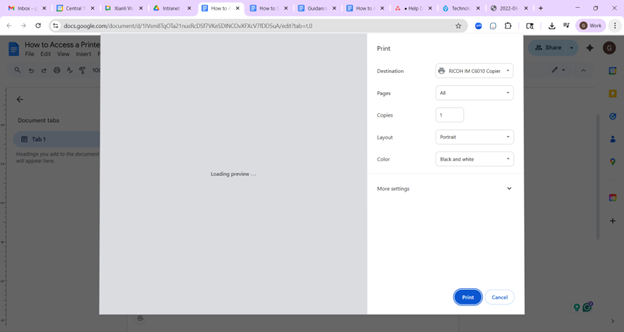 Select the printer from the Print Destination dropdown