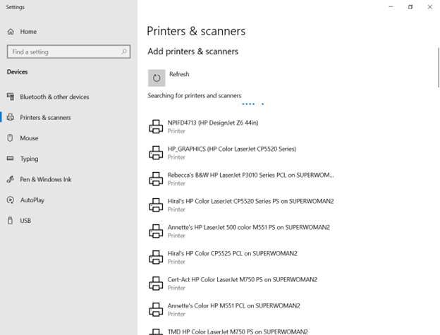 A list of printers and scanners that your can add to your laptop