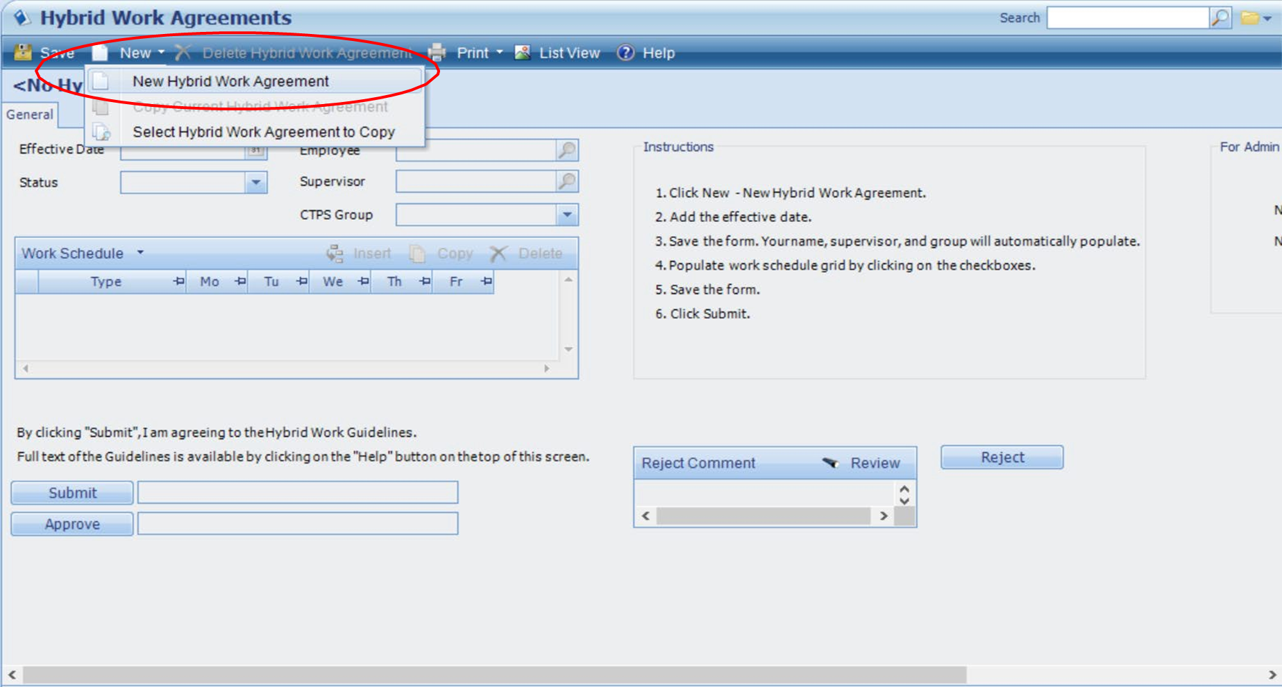 Shows location of New Hybrid Work Agreement and full Work Agreement form