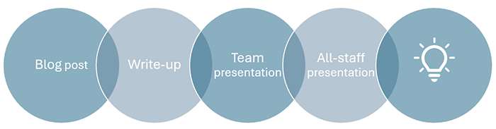 A row of overlapping blue circles labeled Blog post, Write-up, Team presentation, and All-staff presentation, ending with a circle containing a lightbulb icon.