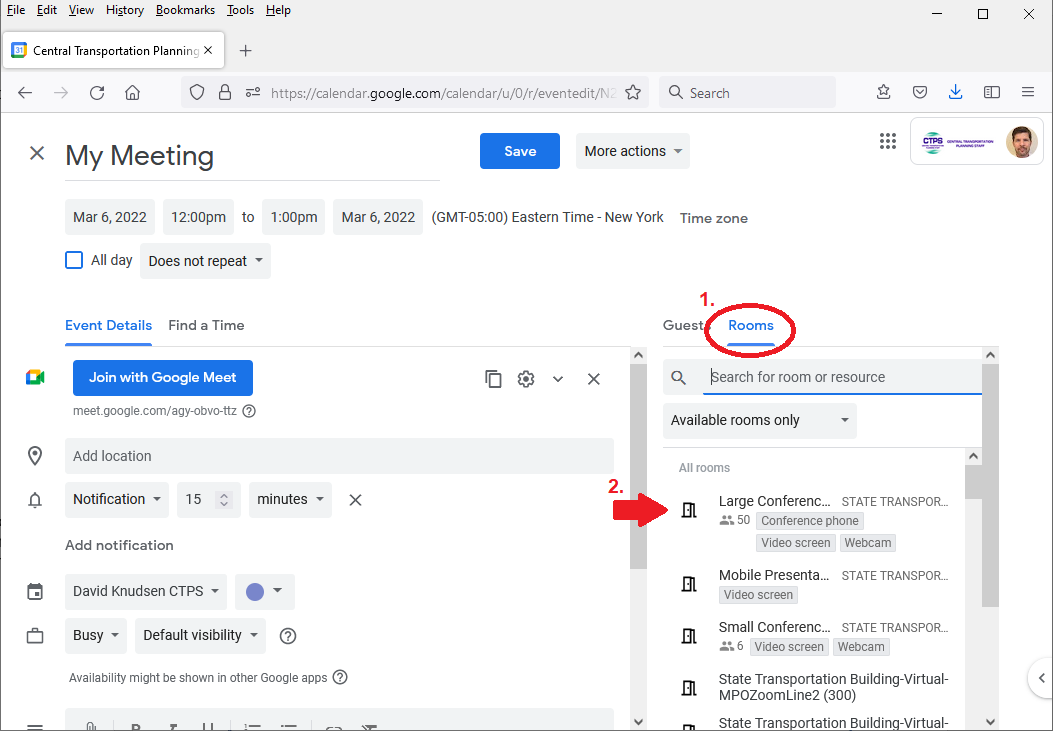 Google Calendar event screen showing how to add a meeting room using the ‘Rooms’ tab and room selection panel.