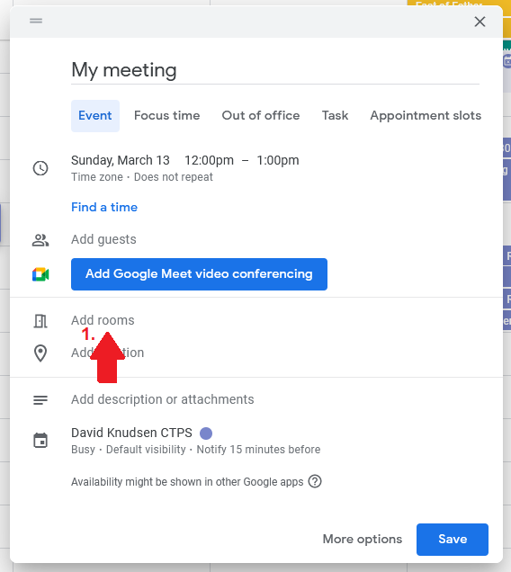 Google Calendar event screen showing how to add a meeting room in new events tab.