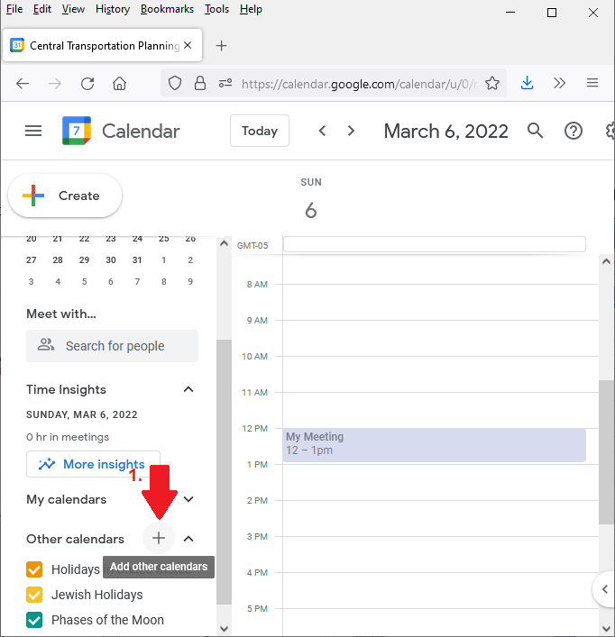 Google Calendar event screen showing how to view and add other calendars.