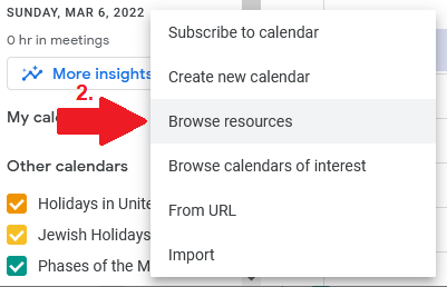 Google Calendar event screen showing how to browse resources.