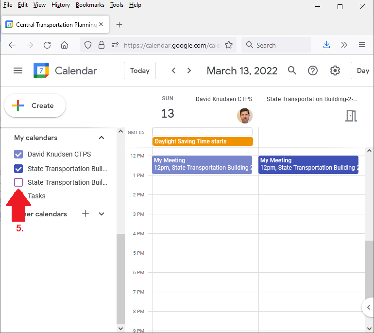 Google Calendar showing multiple calendars in the left sidebar with one unchecked calendar highlighted by an arrow.