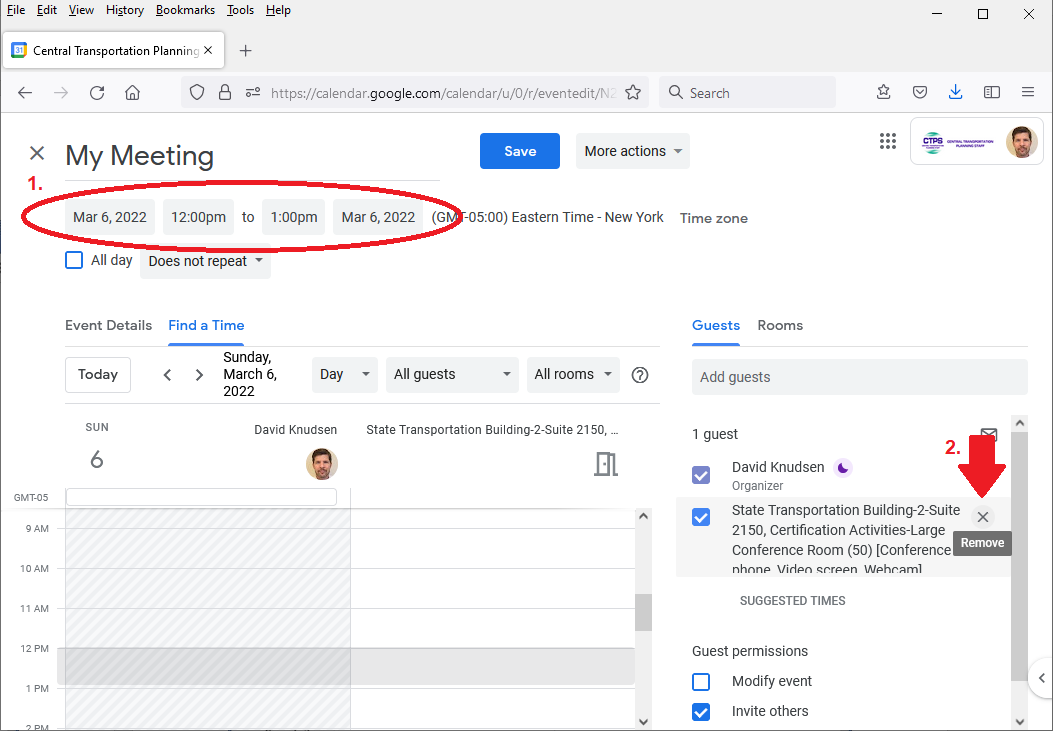 Google Calendar event screen showing meeting date and time fields highlighted and an arrow pointing to the remove-room button in the guest list.