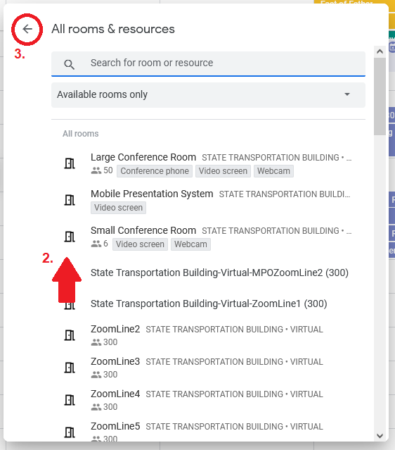 Google Calendar event screen showing all rooms & resources, showing available rooms only.